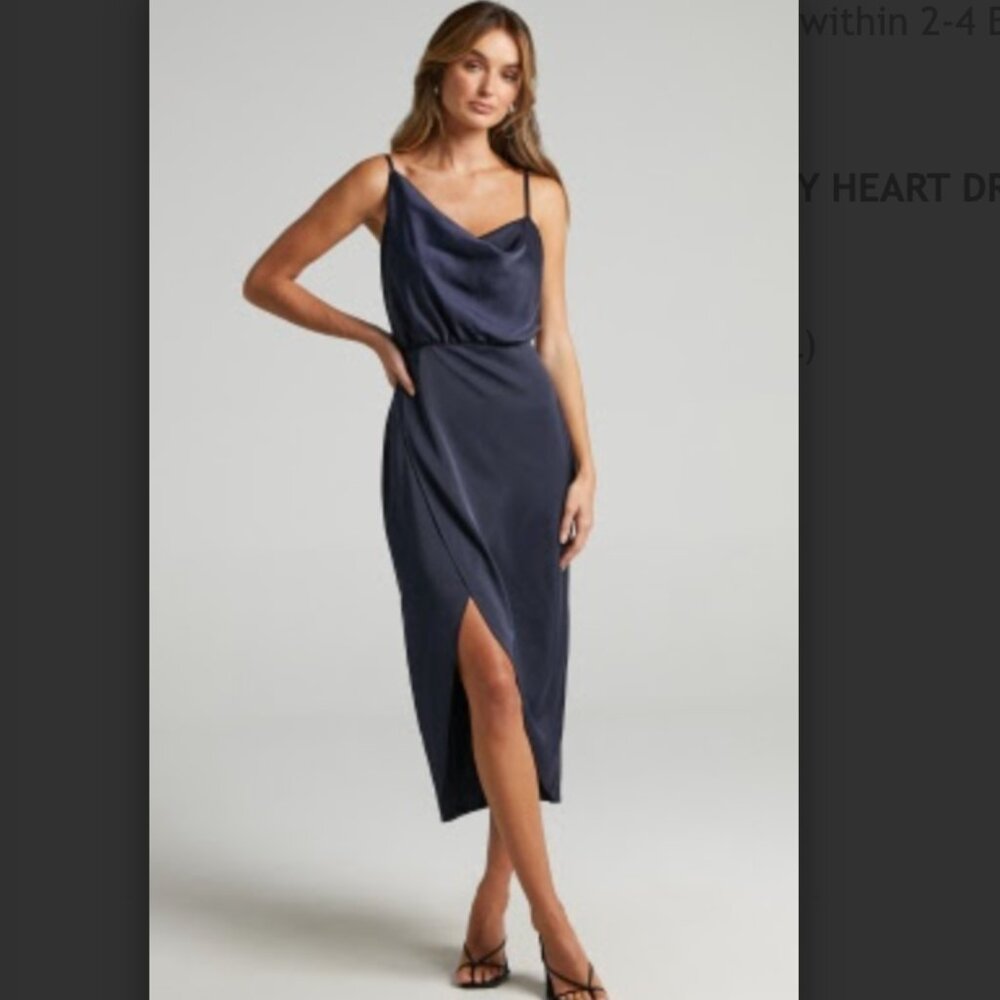 NWT Sisters By Heart Midi Dress - Asymmetric Cowl Neck Dress in Navy Satin
